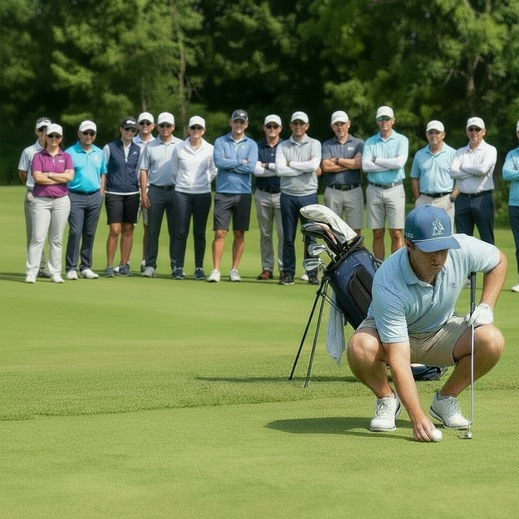 Two golfers on a green course with trees in the background